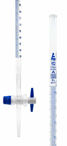 Burette with PTFE key stopcock made of high-quality 3.3 borosilicate glass. Class A, ISO 385. Blue, printed graduation lines marked every 1ml. 0.05ml subdivisions, ±0.03ml tolerance. The burette measures 18" in length and has an inner diameter of 8mm and an outer diameter of 11mm.