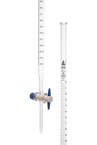 These high-quality borosilicate burettes are straight bore with interchangeable PTFE key stopcocks. Accuracy as per DIN ISO 385, ASTM-E287 standard. Graduation in blue color. Capacity 25ml, Sub. Div. 0.10ml Tolerance ± 0.05ml