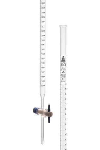 50mL capacity burette made of high-quality, heavy-duty Borosilicate 3.3 glass. Features a straight bore, PTFE stopcock. Class A, tolerance, ±0.05mL accuracy as per DIN ISO 385. White graduations and marking for contrast against darker liquids. Calibrated to deliver. Burette body measures 0.55" (outer diameter), and 0.45"(inner diameter). The entire apparatus measures 31" in length. Bore measures 7mm in diameter.