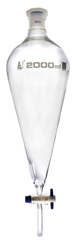 This 2000ml separating funnel has a robust pear-shaped body with a 6" diameter at its widest point. The item measures 21" in height when positioned upright and is designed with a PTFE key stopcock that allows optimal control of flow when working with liquids in the lab. The interchangeable 29/32 stopper fits the 1.2" opening at the top of the funnel. Made from quality borosilicate glass. Ungraduated.