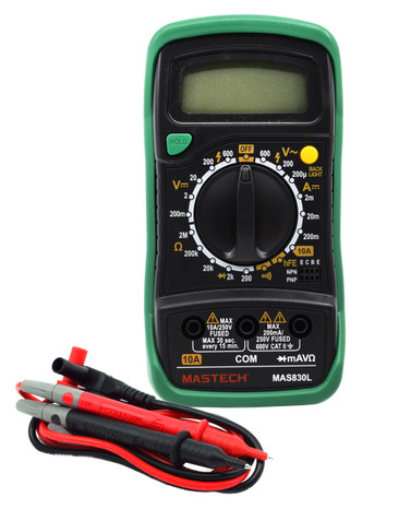 Useful for electrical and appliance repair, home wiring projects, testing electrical systems on cars and boats
Handheld digital Multimeter with LCD and drop-resistant case. Includes battery, 2 testing leads, and instructions manual.
Stable and reliable. Features a 15mm LCD for clear reading. The circuit design takes an LSI double integral A/D converter as its core under the protection of an overload protection circuit, making it a superior and handy instrument. Can be used to measure DC and AC voltage, DC, resistance, transistors, diodes, and for in-circuit continuity testing.