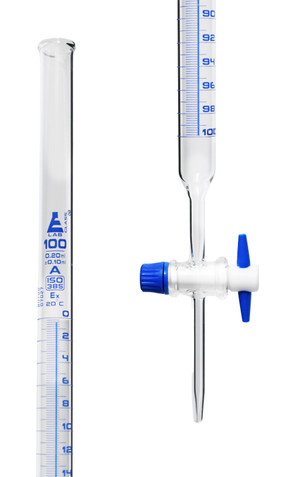 The Burettes Schellbach-PTFE key stopcock is a high-quality burette made of Schelbach glass with a P.T.F.E. key stopcock. It adheres to the accuracy standards set by DIN 12700 and ISO 385. This Class-A burette has a generous capacity of 100ml, with a sub-division of 0.20ml and a tolerance of ± 0.10ml.