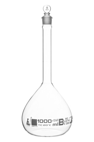 1000mL Class B Volumetric Flask - ASTM - Glass Stopper, White