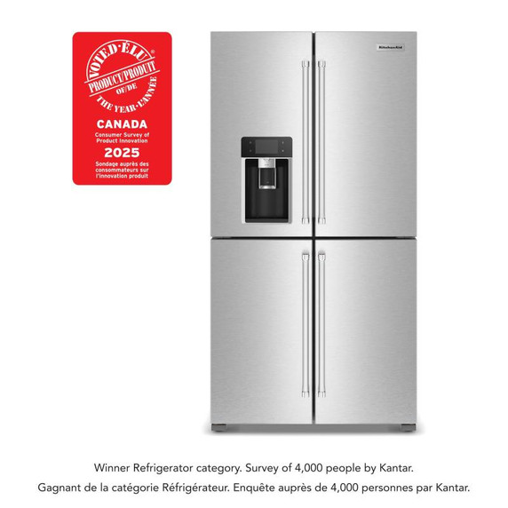 Kitchenaid® Réfrigérateur à 4 portes et profondeur de comptoir avec zone de température flexible et fini PrintShield™ de 36 po et 19.4 pi cu KRQC736RPS