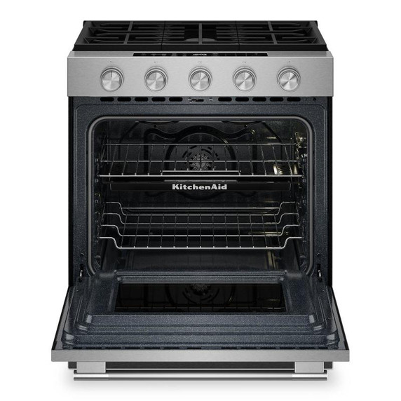 Kitchenaid® Cuisinière au gaz coulissante intelligente avec modes de cuisson à convection et brûleur 2 en 1 - 5 pi cu KSGS530SPS