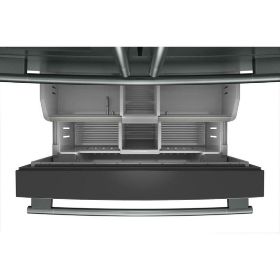 Kitchenaid® Réfrigérateur à portes françaises avec distributeur d’eau et de glaçons extérieur et tiroir réfrigéré pleine largeur FreshChill™ - 29 pi cu KRMF436SJP