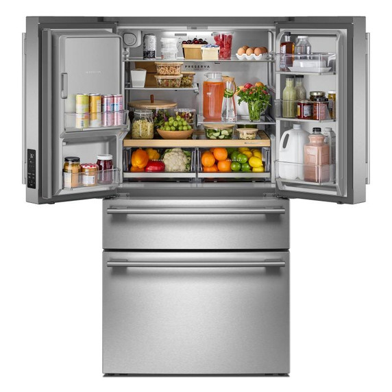 Kitchenaid® Réfrigérateur à portes françaises avec distributeur d’eau et de glaçons extérieur et tiroir réfrigéré pleine largeur FreshChill™ - 29 pi cu KRMF436SPS
