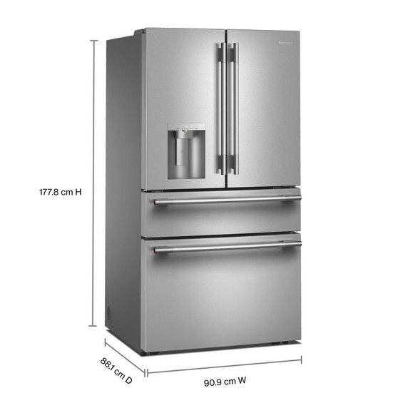 Kitchenaid® Réfrigérateur à portes françaises avec distributeur d’eau et de glaçons extérieur et tiroir réfrigéré pleine largeur FreshChill™ - 29 pi cu KRMF436SPS