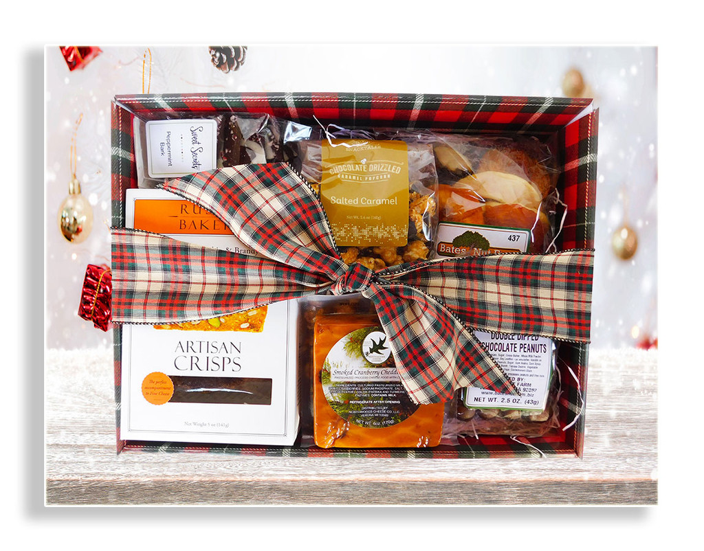This lovely holiday plaid box is filled with an assortment of delicious sweet and savory goodies