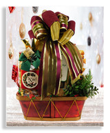 A gorgeous holiday gift to dazzle and delight, is overflowing with a complimentary ensemble of delicious foods: crackers, smoked gouda cheese, cheese twists, holiday themed snack mix, apple lingonberry cider, chocolate covered cranberries, cookies, dried fruit, butter crunch popcorn, nuts and Christmas tea.
