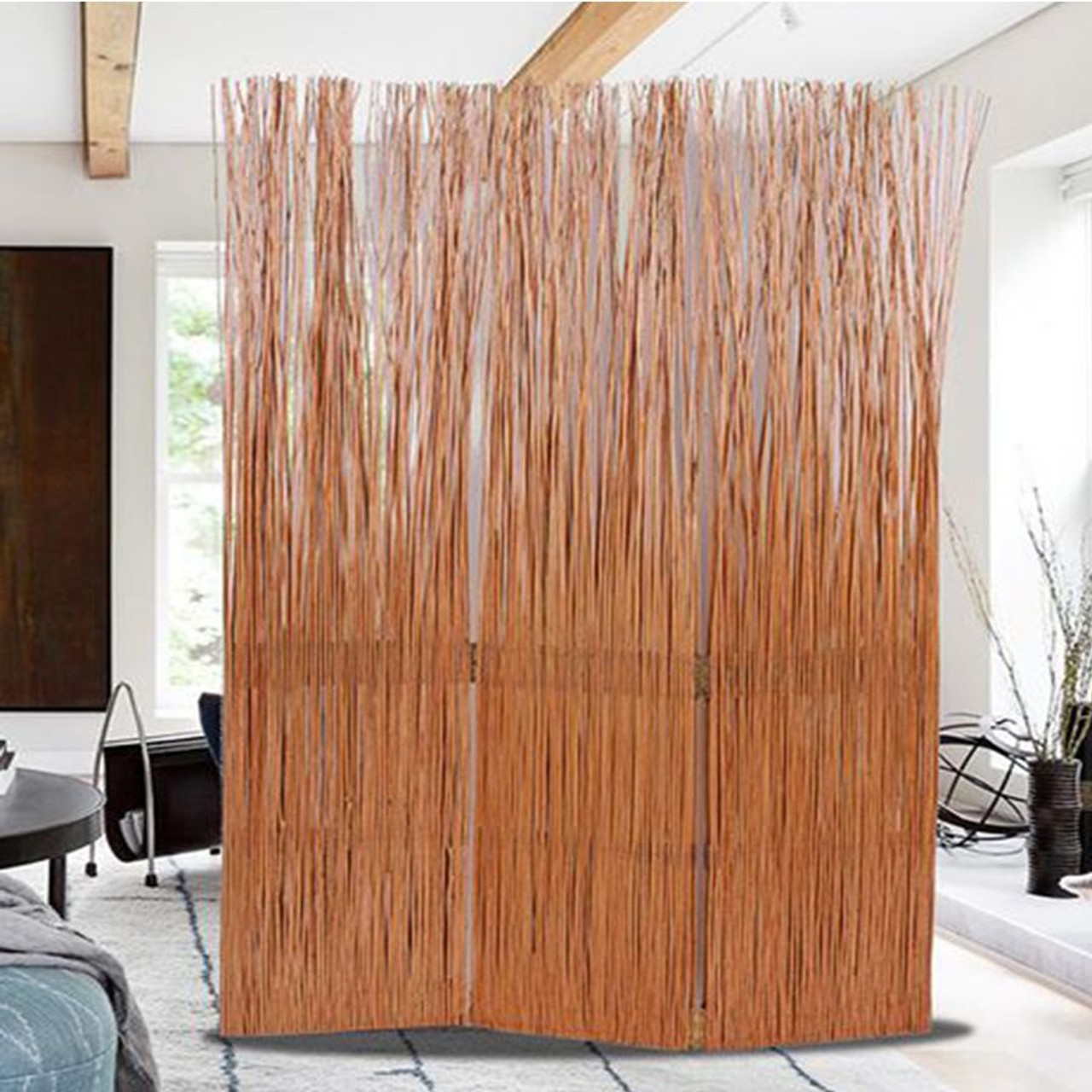 3 Panel Willow Wood Room Divider, Honey Color