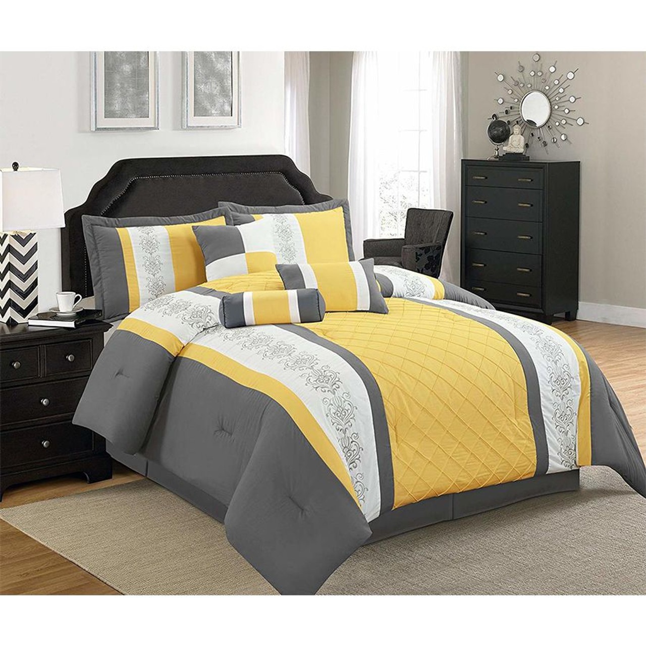7 Pcs Comforter Set Grey Yellow Striped With Embroidered Design