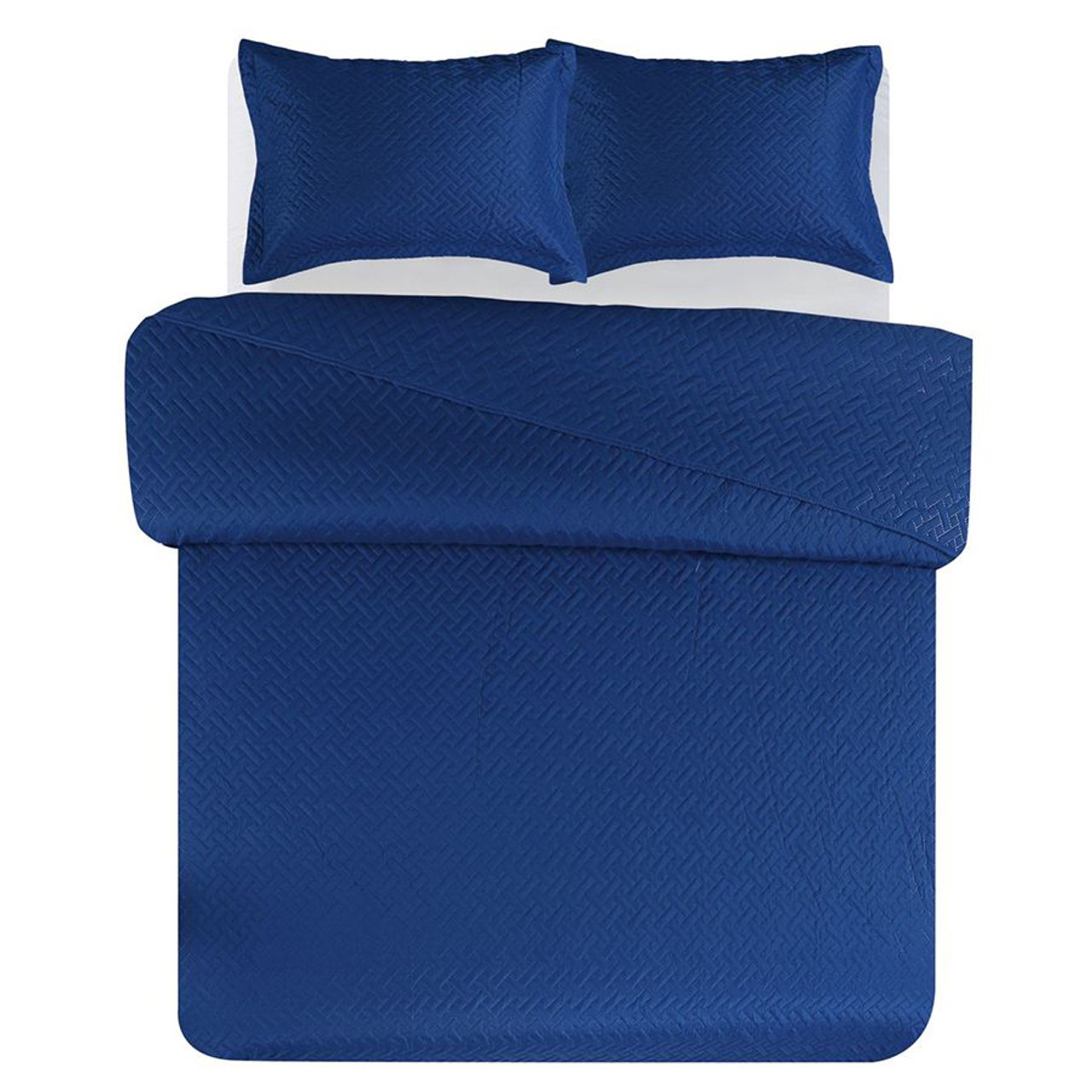 3 PCS Squared Stitched Pinsonic Reversible Oversized Bedspread Navy Color