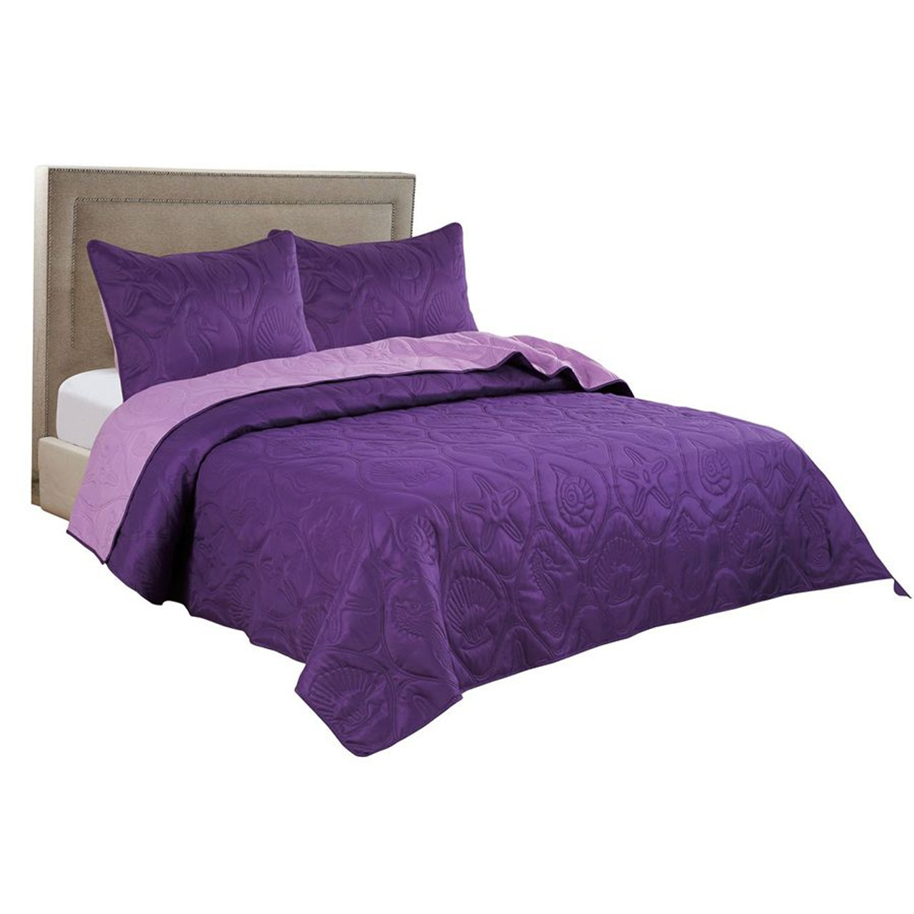 3 PC Shell & Seahorse Stitched Pinsonic Reversible Oversized Bedspread Purple Color