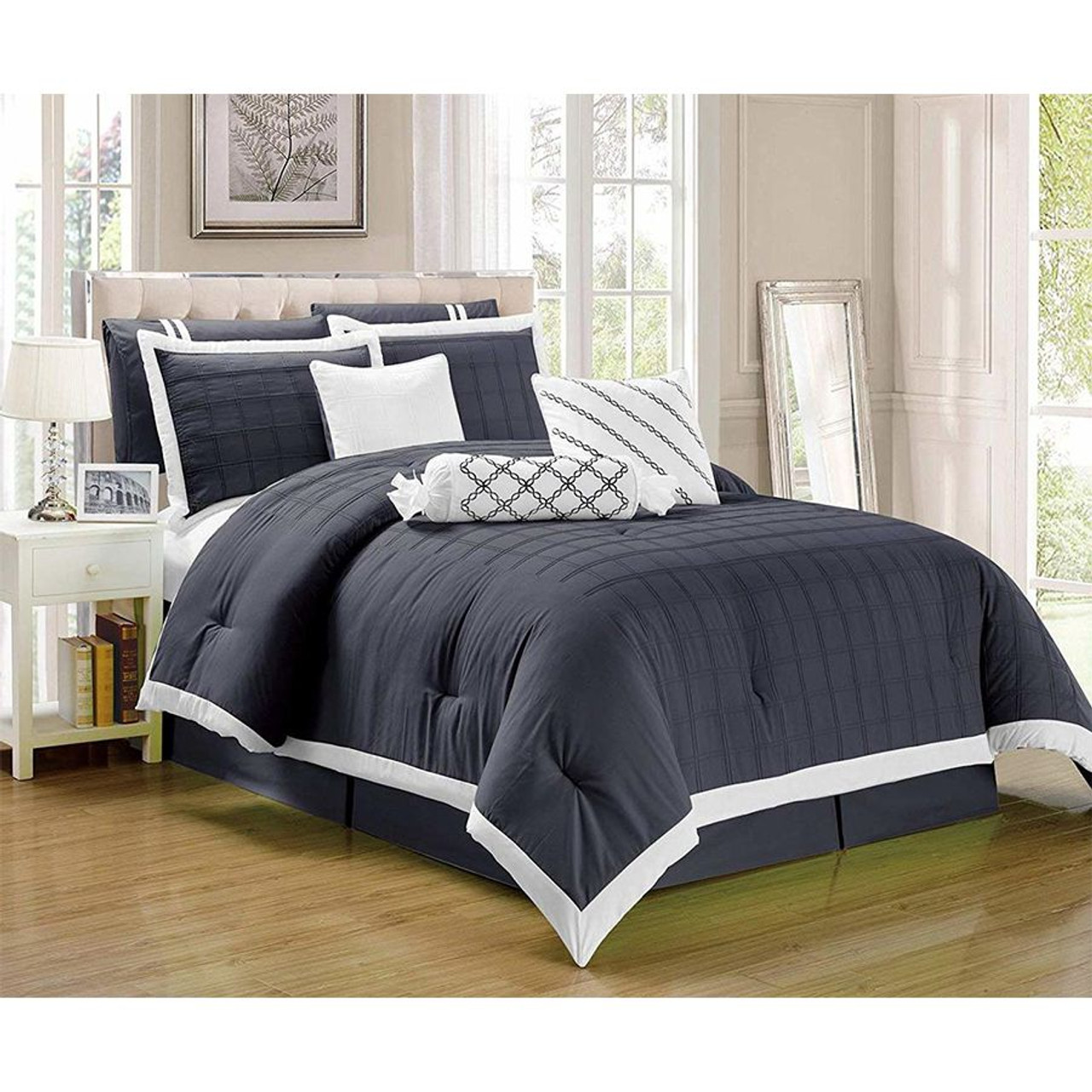 9 pc Pleated Microfiber Comforter Set in Grey Color