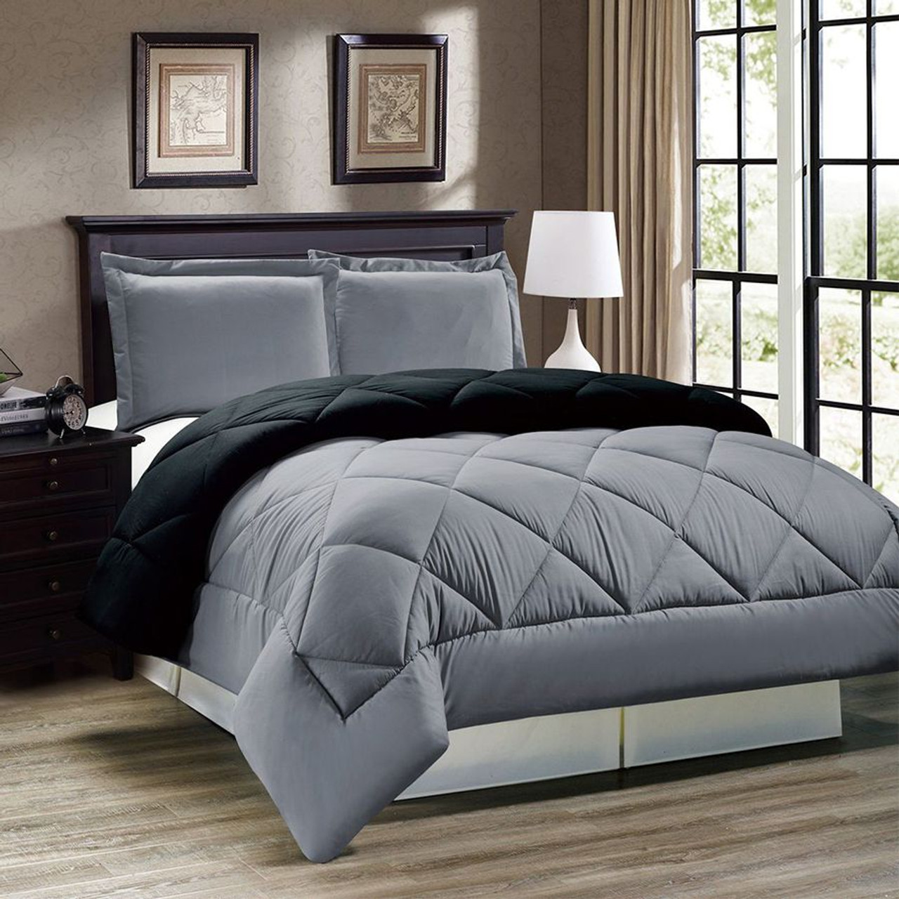 3pc Down Alternative Reversible Comforter Set in Grey