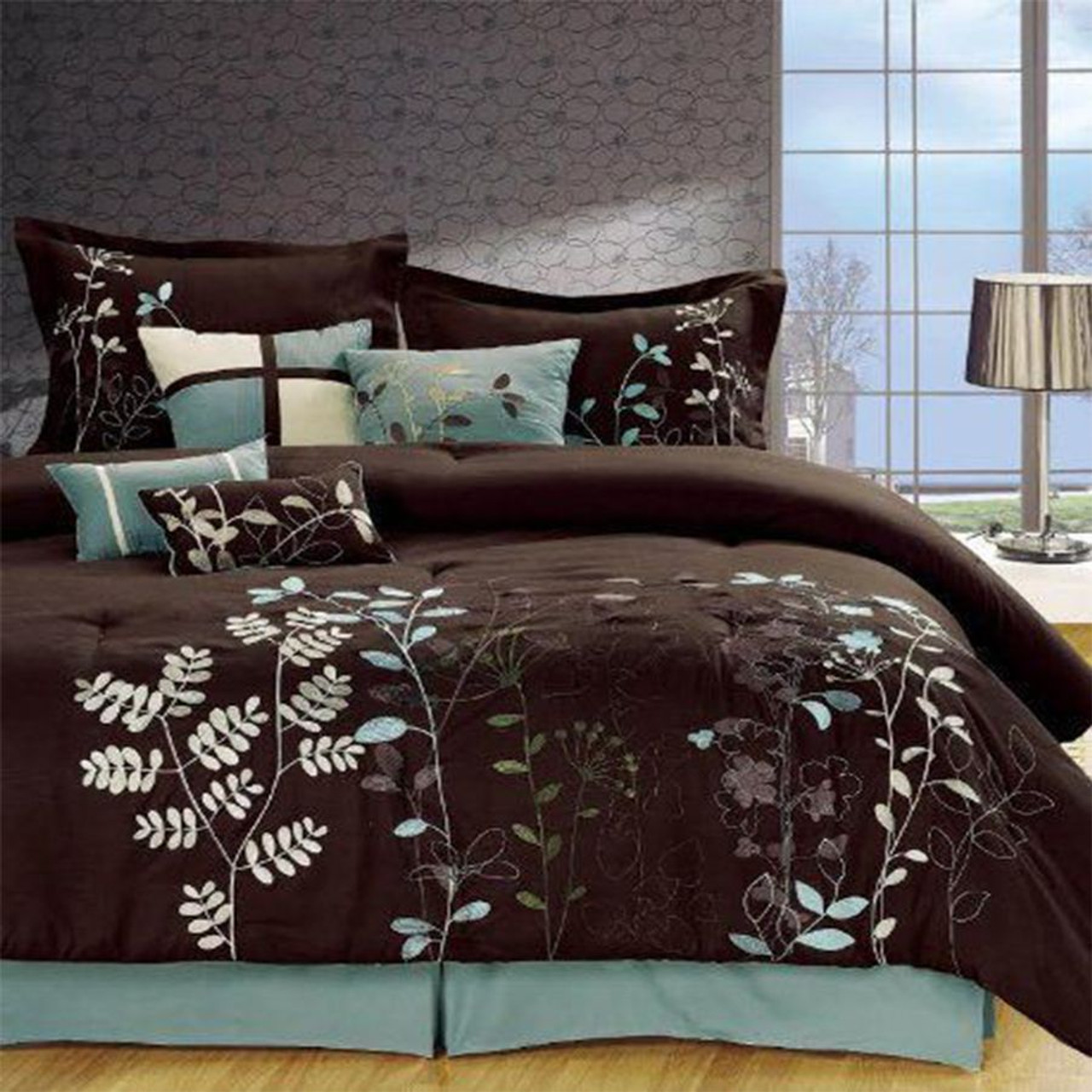 7 Pc Floral Embroidered Microfiber Comforter Set Brown Legacy Decor