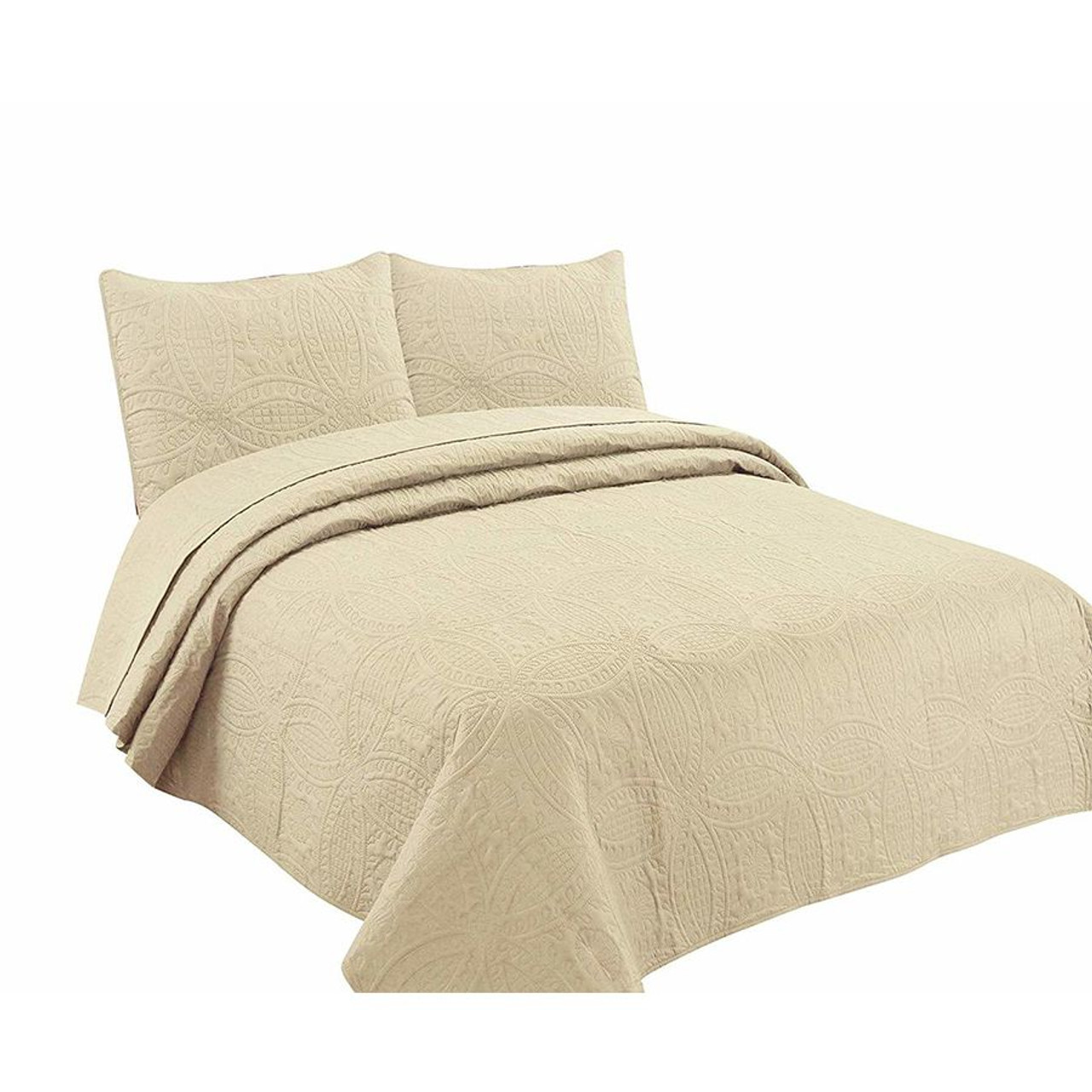 3 Pc Oversized Bedspread Coverlet Set Beige Color