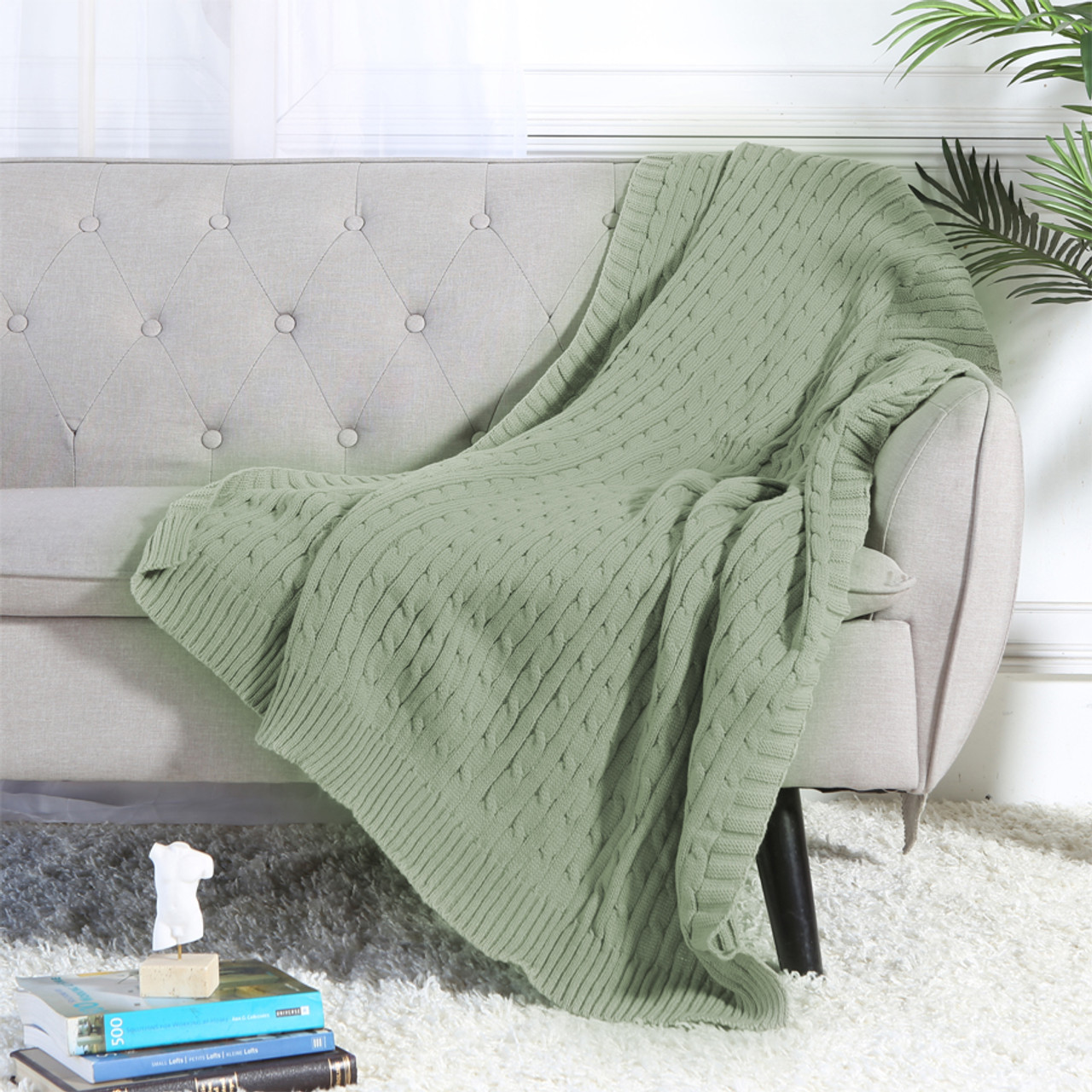 Cable Knit Sweater Design Soft Lightweight Throw with Tassels