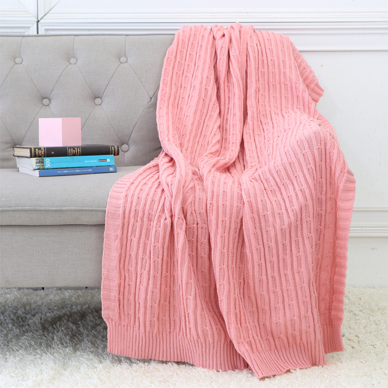 Legacy Decor Cable Knit Sweater Design Soft Lightweight Throw Blanket, Blue, Pink, or Sage 50” x 60” or Charcoal, Ivory 50” x 70” with Tassels 