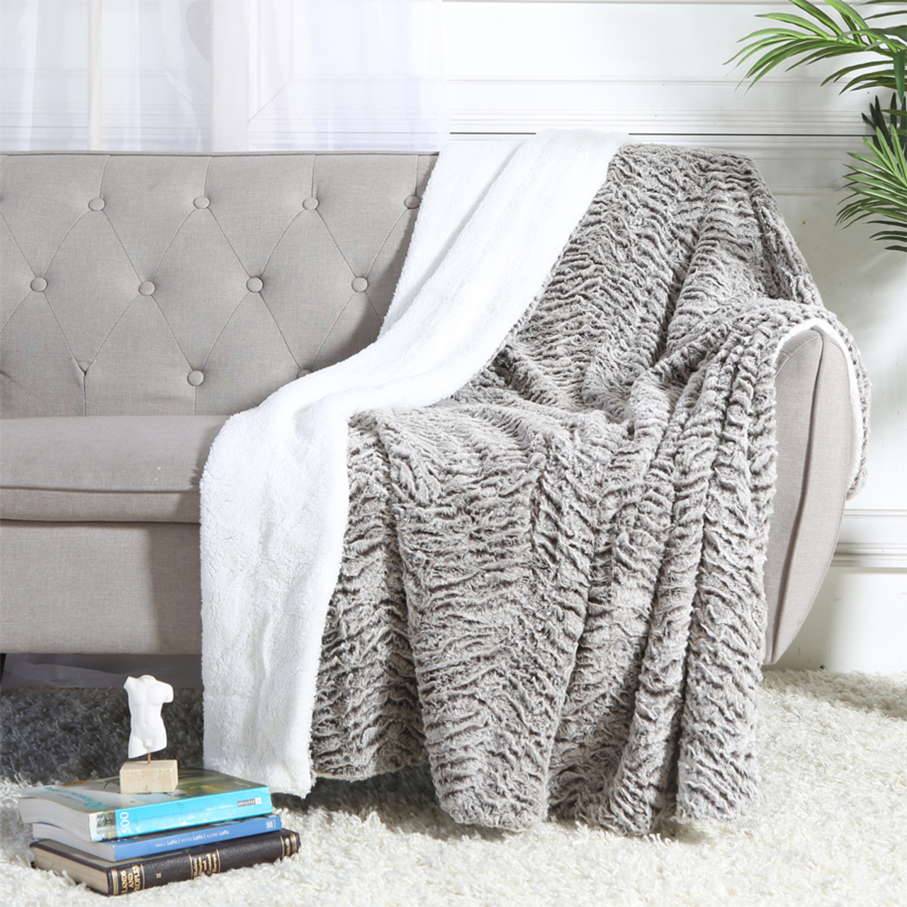 Luxury Faux Micro Fur Wave Design Ultra Plush Fleece Sherpa Decorative Throw