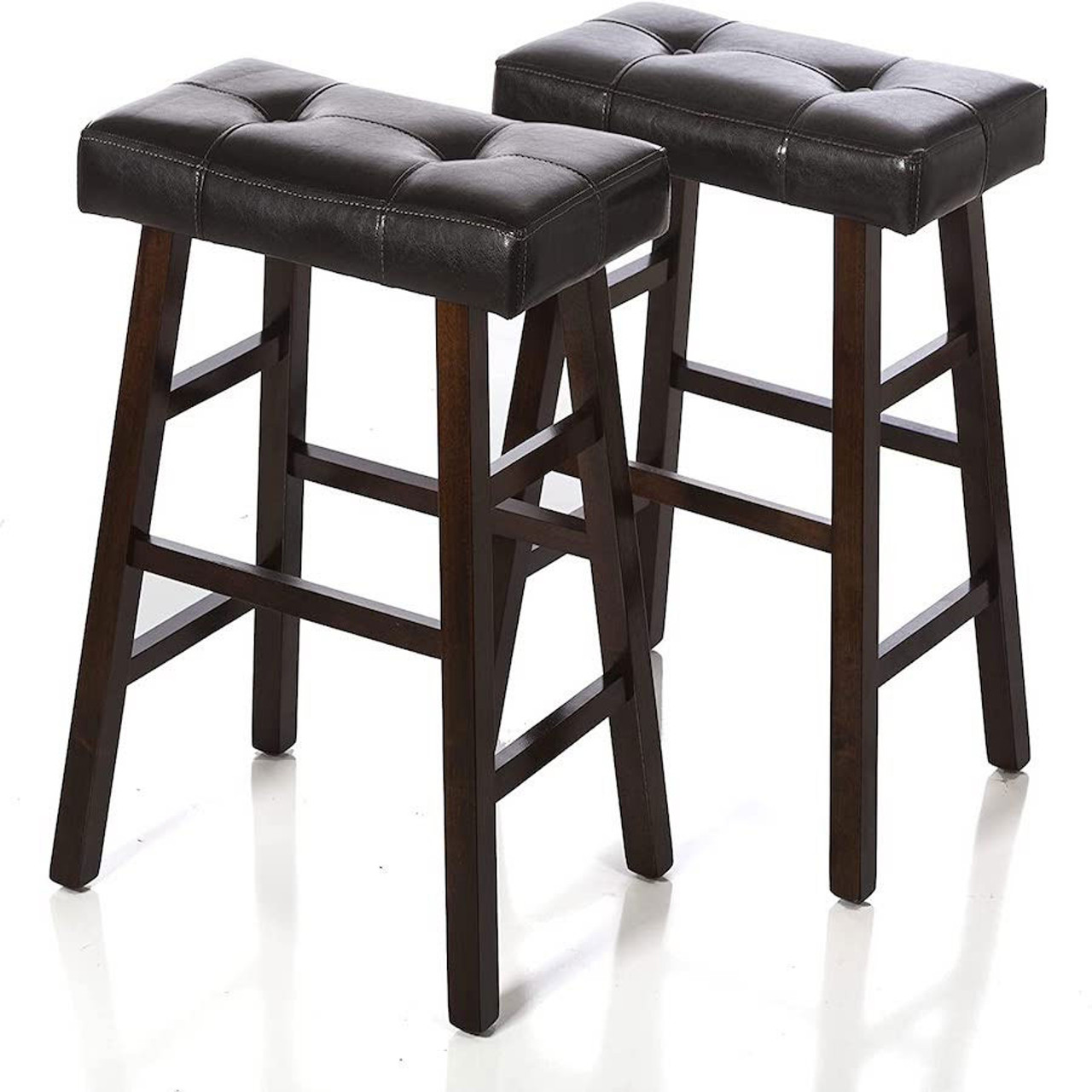 Bar height Stools Espresso Wood Tufted Faux Leather Finish