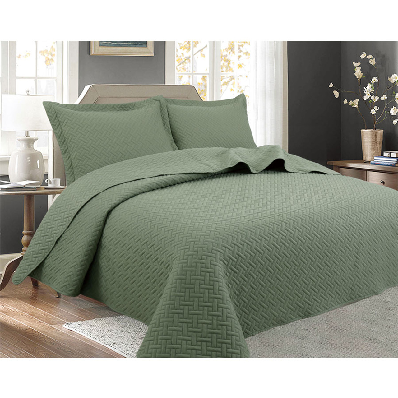 3 PCS Pinsonic Stitched Reversible Oversized Bedspread Sage Color