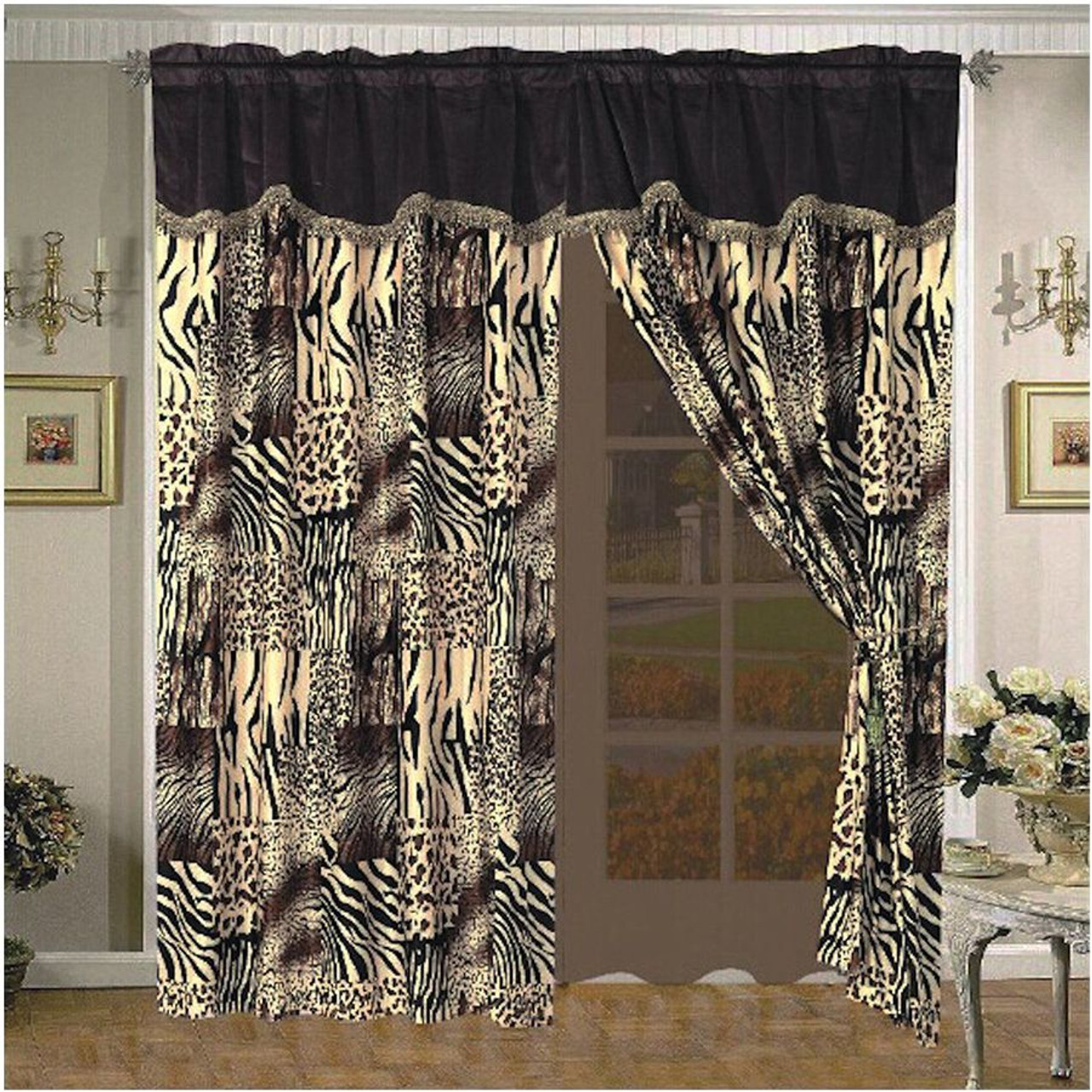 Multi Animal Print Black, Brown, Tan and Charcoal Grey Window Curtain / Drape Set with Valance
