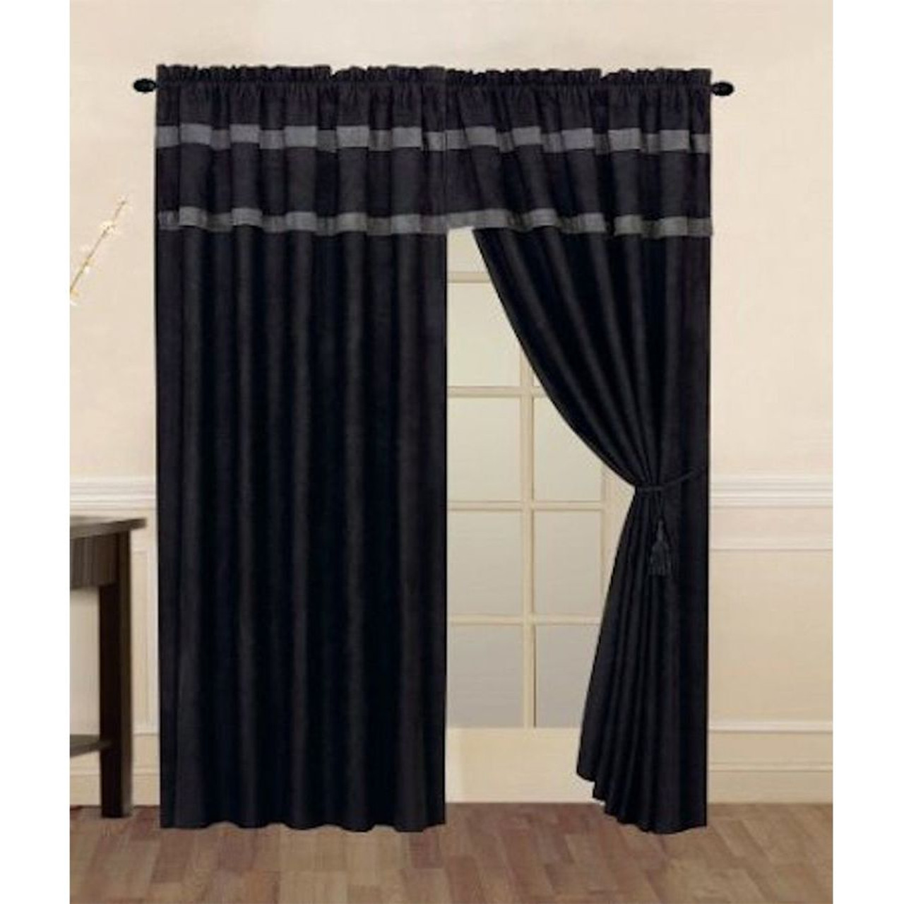 Black and Grey Micro Suede Window Curtain / Drape Set with Valance and Sheer Lining