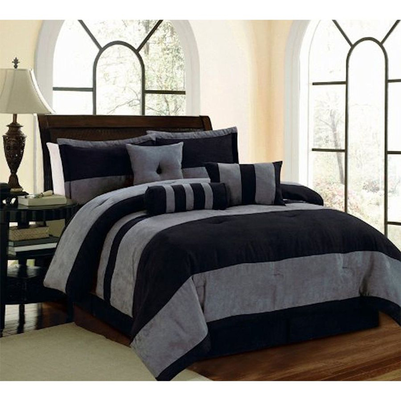 6 7 Pc Black And Grey Micro Suede Striped Comforter Set Legacy Decor