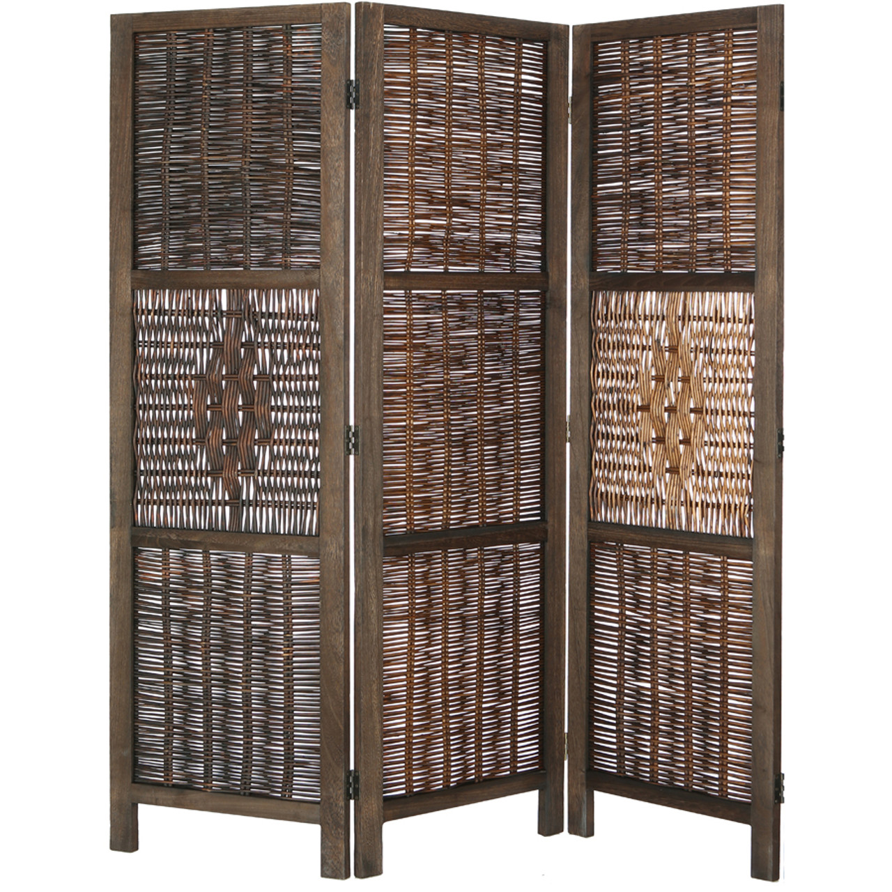 Room Divider 3 Panel Wicker Weave Design with a Diamond Shaped Accent, White or Brown Color