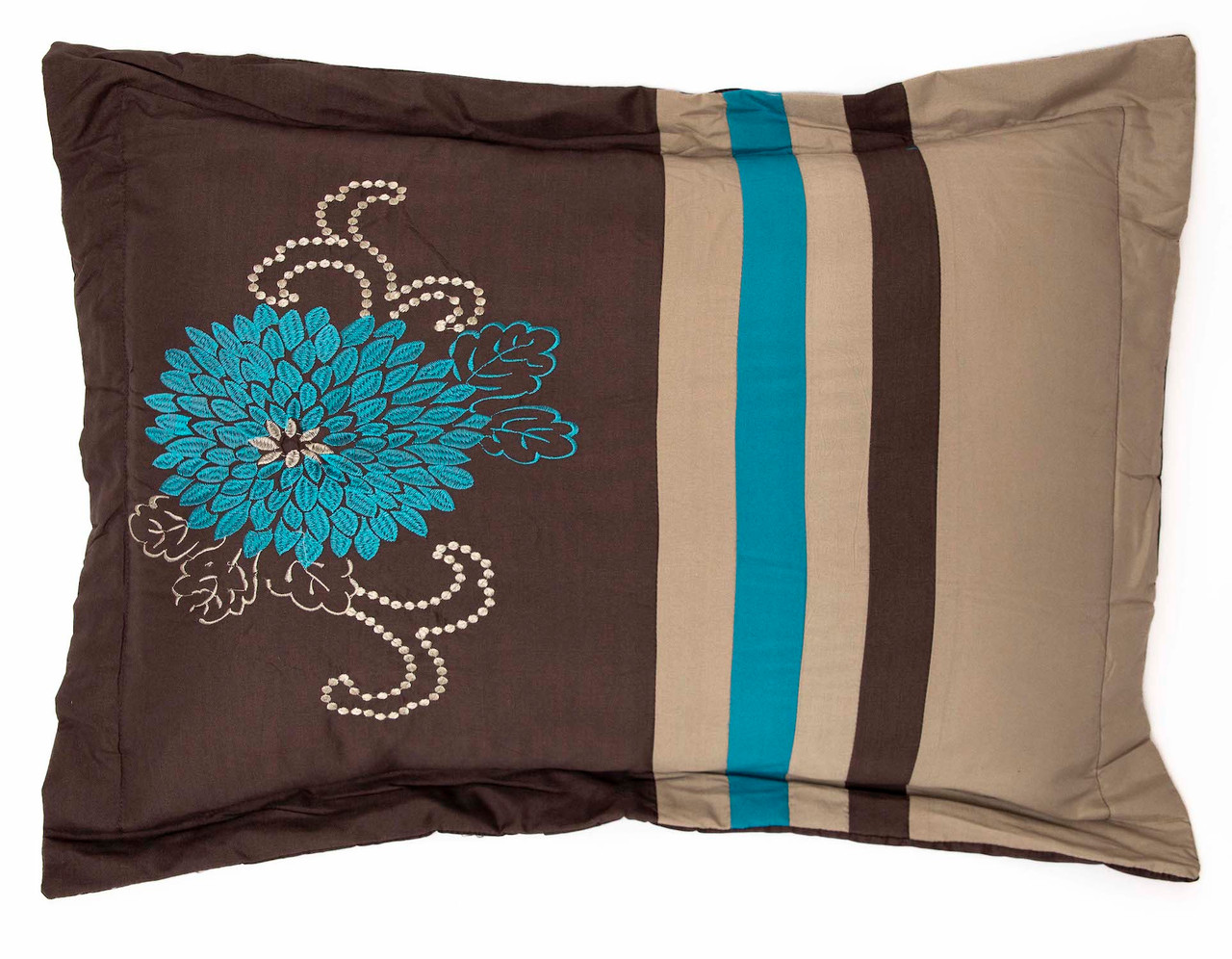 7 Pc Brown, Teal and Taupe Floral Striped Design Comforter set