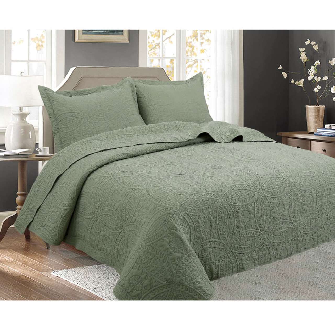 3 pcs Oversized Bedspread Coverlet Set Sage Color