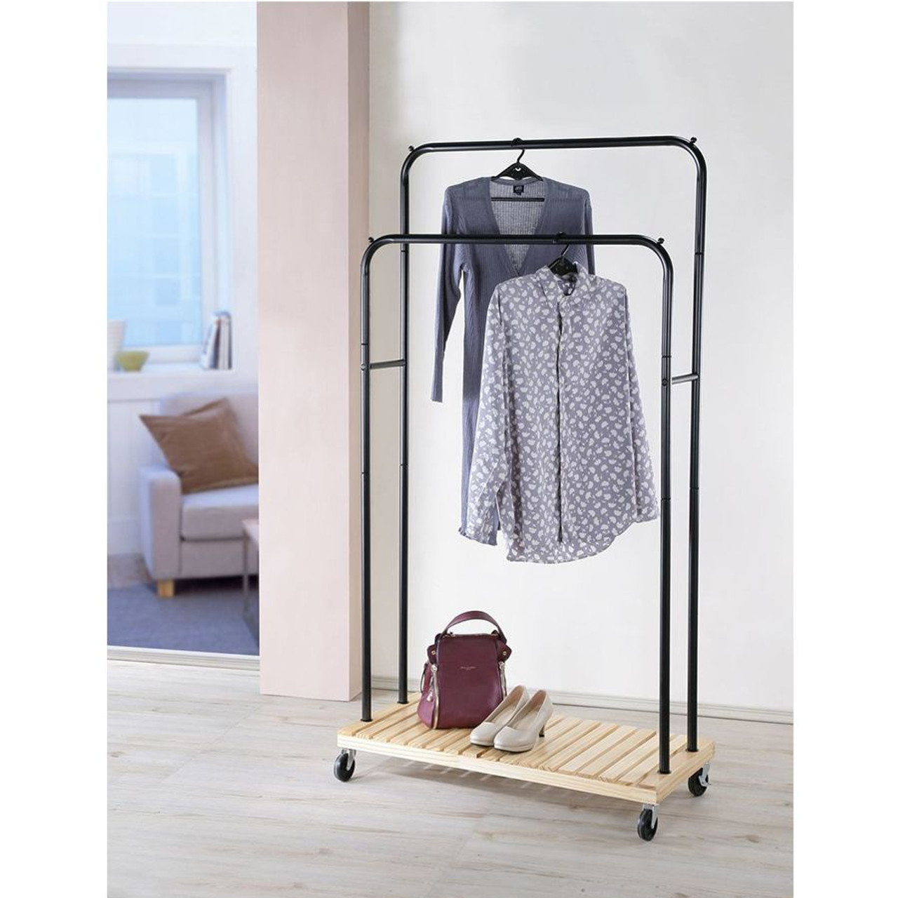 Metal And Wood Double Rod Garment Rack On Wheels Heavy Duty
