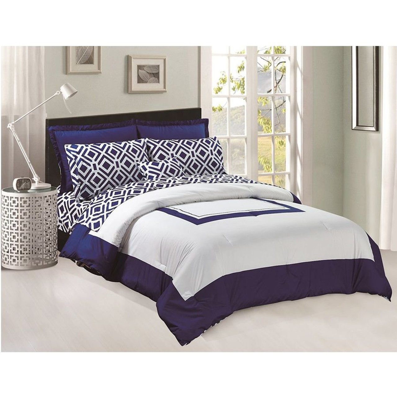 Comforter Flat Fitted Sheets Set 8 Pcs Soft Microfiber Navy Blue And White King Size By Legacy Decor Legacy Decor