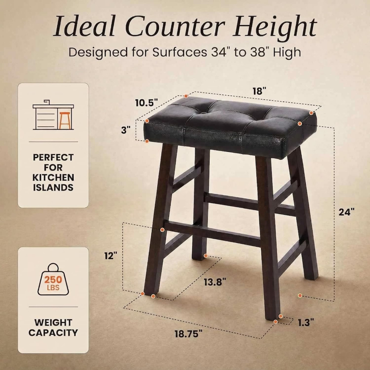 Set of 4  Counter or Bar high Stools Espresso Wood Tufted Faux Leather Finish 