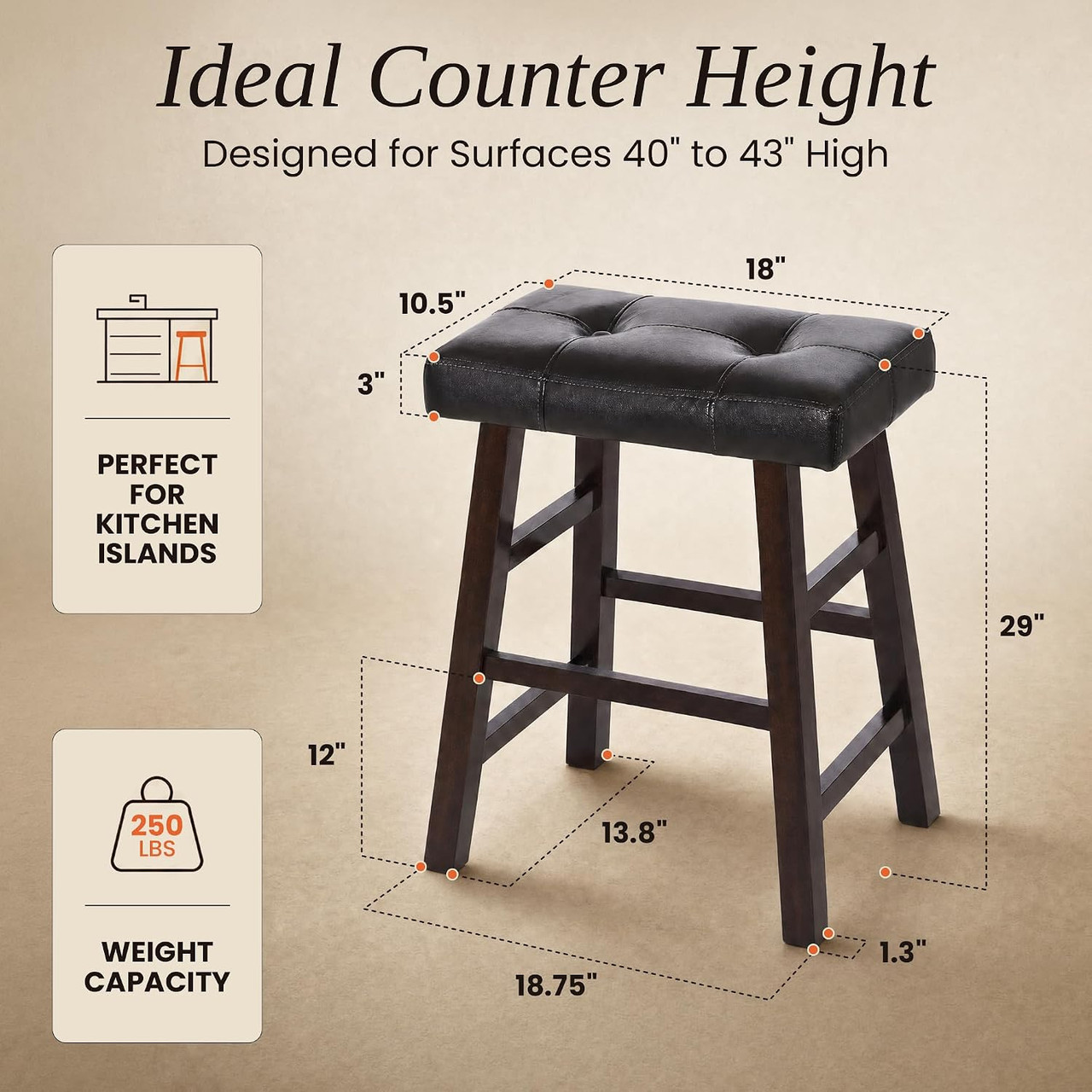 Set of 4  Counter or Bar high Stools Espresso Wood Tufted Faux Leather Finish 