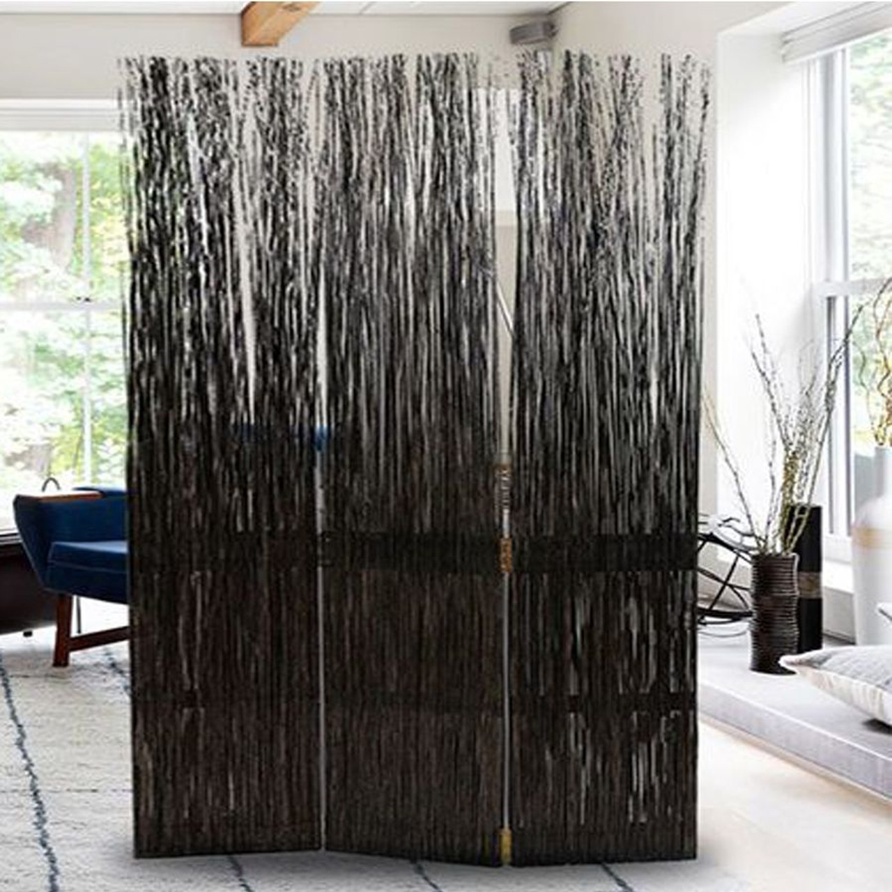 3 Panel Willow Wood Room Divider Grey Color