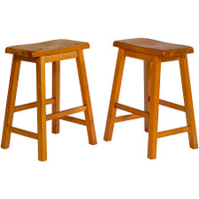 Set of 2 Saddle Backless Bar Counter High Stools Distressed Oak Finish