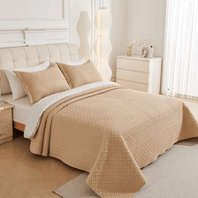 3 PC Pinsonic Reversible Oversized Bedspread Beige Color