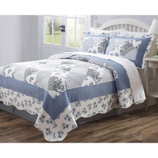 3-Pc Quilt Bedspread Coverlet Blue White Floral Patchwork Design 3-Pc Quilt Bedspread Coverlet Blue White Floral Patchwork Design