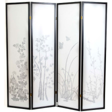Room Divider 4-panel Bamboo Floral Print Black Frame