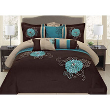 7 Pc Brown, Teal and Taupe Floral Striped Design Comforter set 7 Pc Brown, Teal and Taupe Floral Striped Design Comforter set