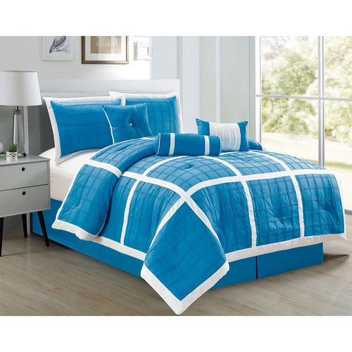 Pc Microfiber Aqua And White, Checkered Stitch Design Comforter Set