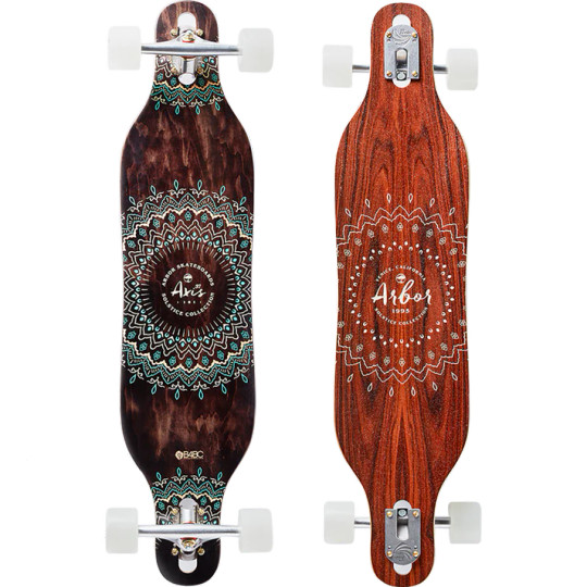 The Arbor Axis 37 Solstice Drop Thru Longboard Complete is a snowboard-inspired drop-through for easy around town cruising, relaxed commutes, and mellow downhill.
 
A PORTION OF ALL SOLSTICE COLLECTION SALES BENEFITTING BOARDING FOR BREAST CANCER
Materials & Components
Deck
7 Ply Sustainable Canadian Maple & Palisander Wood Topsheet
Wood material comes from sustainable sources of supply
Wood by-product is reclaimed for use in other products
Trucks
Paris Reverse 50° 180mm
Wheels
Arbor Easyrider Series - Outlook
Designed for carving and cruising
Larger shape increases rolling speed
Size: 69mm // Durometer: 78A
Contact Patch: 44.0mm // Offset: 0.0mm
Momentum Core: Dampens bumpy rides
Venice Formula: Soft and grippy The Arbor Axis 37 Solstice Drop Thru Longboard Complete is a snowboard-inspired drop-through for easy around town cruising, relaxed commutes, and mellow downhill.
 
A PORTION OF ALL SOLSTICE COLLECTION SALES BENEFITTING BOARDING FOR BREAST CANCER
Materials & Components
Deck
7 Ply Sustainable Canadian Maple & Palisander Wood Topsheet
Wood material comes from sustainable sources of supply
Wood by-product is reclaimed for use in other products
Trucks
Paris Reverse 50° 180mm
Wheels
Arbor Easyrider Series - Outlook
Designed for carving and cruising
Larger shape increases rolling speed
Size: 69mm // Durometer: 78A
Contact Patch: 44.0mm // Offset: 0.0mm
Momentum Core: Dampens bumpy rides
Venice Formula: Soft and grippy