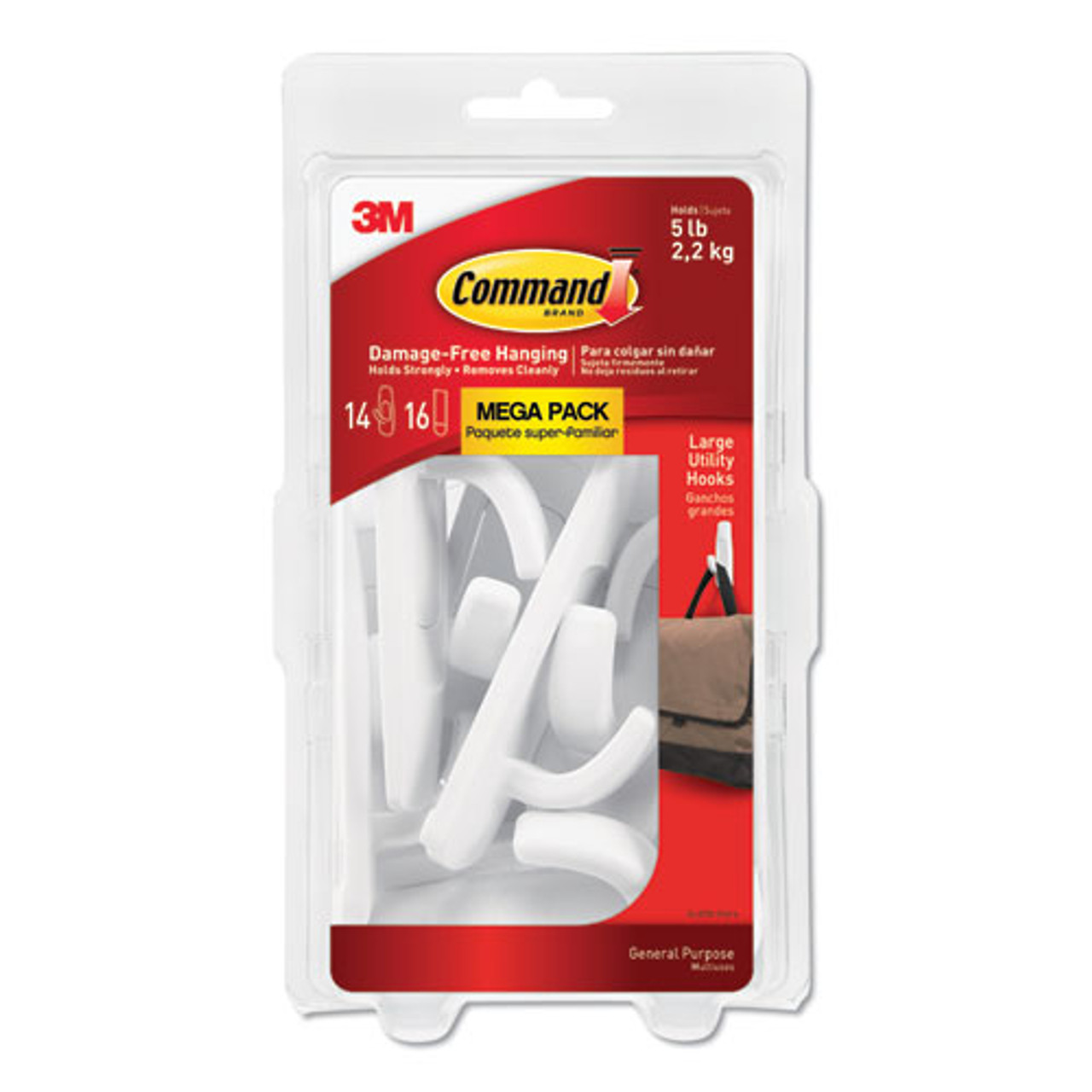 Command, General Purpose Hooks, Large, 5 Lb Cap, White, 14 Hooks And 16  Strips/pack (MMM17003MPES)