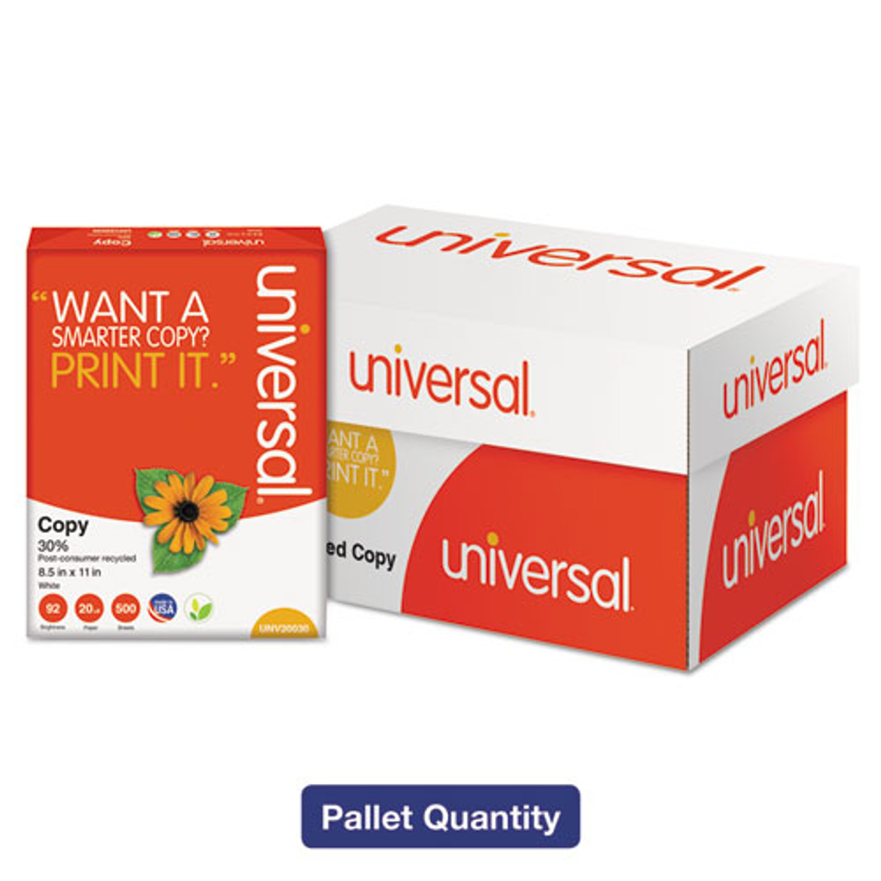 Universal, 30% Recycled Copy Paper, 92 Bright, 20 Lb, 8.5 X 11, White, 500  Sheets/ream, 10 Reams/carton, 40 Cartons/pallet (UNV20030PLT)