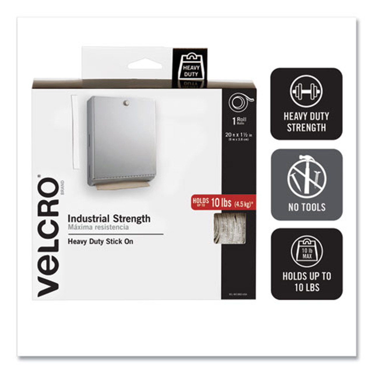 Velcro Brand Industrial-Strength Heavy-Duty Fasteners with Dispenser Box, 2 x 15 ft, White (VEK90198)