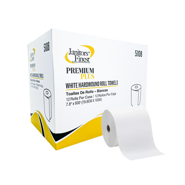 JANITORS FINEST, PREMIUM PLUS ROLL TOWEL, 1-PLY, 8" X 600 FT, WHITE, 12 ROLLS/CARTON (5108)