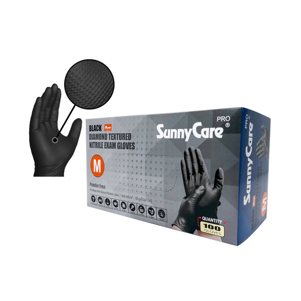 SUNNYCARE, BLACK, DIAMOND TEXTURED NITRILE GLOVES, 8 MIL, 100 PER BOX, MEDIUM